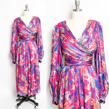 1980s Dress Silk Morton Myles Bishop Sleeve 70s M 