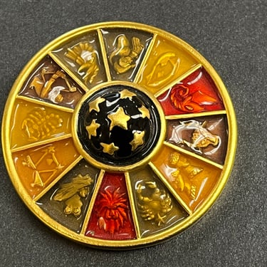 Bob Mackie zodiac brooch vintage enamel astrological circle pin / pendant 