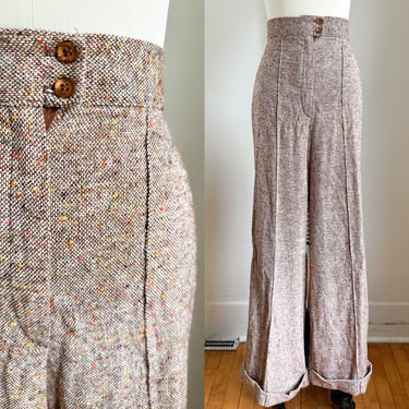 Vintage 1970s Beige/Brown Tweed Bell Bottom Pants / 29