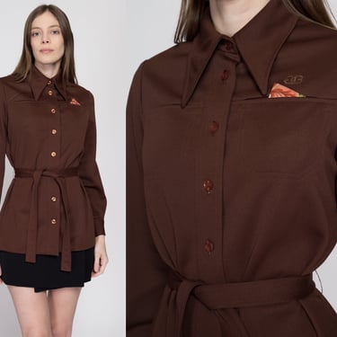 Small 70s Givenchy Sport Chocolate Brown Belted Collared Shirt | Retro Vintage Designer Button Up Long Sleeve Pocket Square Top 