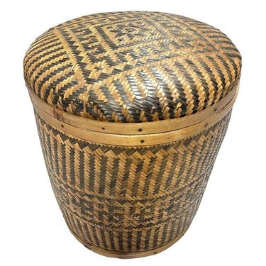 Tall Traditional Thai Hand Woven Wicker Rice Storage Basket w/ Lid 