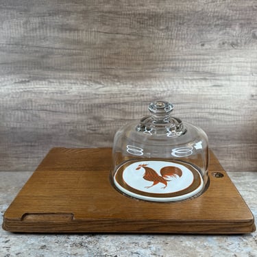 Vintage MCM Ceramic Rooster Tile Cheese Board with Glass Cloche 