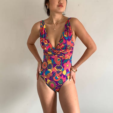 90s Oscar de la Renta swim suit bathing suit / vintage fuchsia pink floral plunging ruched one piece maillot swimsuit | XS S 