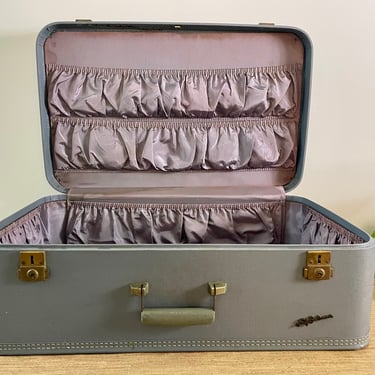 Ensemble Vintage Sac Fourre-tout & Bagage Baltimore - Vinyle Bleu Blanc Tweed Années 70