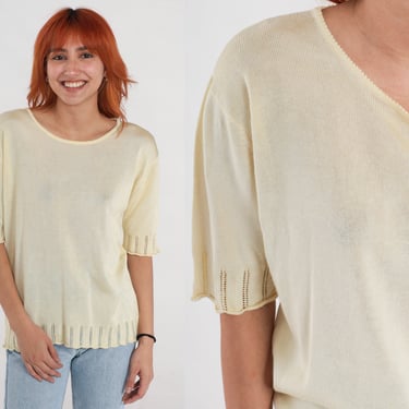 Pale Yellow Knit Shirt Vintage 90s Pointelle Cutout Shirt Basic Blouse Cut Out Sweater Top Short Sleeve 1990s Shirt Medium 