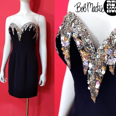 Bob Mackie Vintage 90s Silver Sequin Icicle Sweetheart Neckline Black Cocktail Dress 