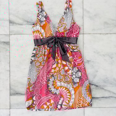 Y2K Vintage Arden B Dress Silk Satin Pink Orange Print Surplice Bow Womens Medium 70s Hippie 