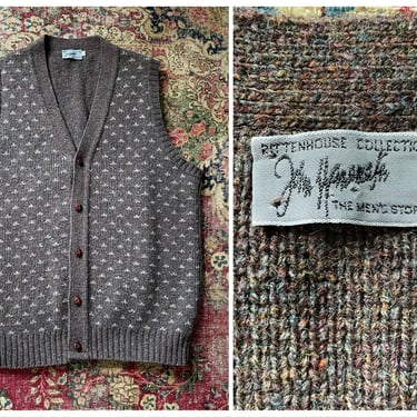 Vintage ‘70s ‘80s John Wanamaker Rittenhouse Collection sweater vest |wool marled yarn with leather braided buttons, mens L 