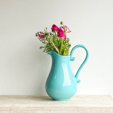 Large Turquoise Pitcher Ceramic Vintage Teal Duck Egg Blue Wide Mouth Water Pitcher Curvy Handle Vase Dining Serving Modern Farmhouse Green 