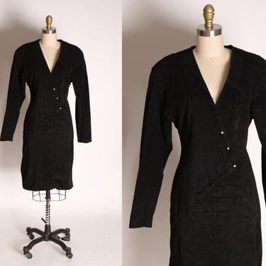 1980s Black Suede Leather Long Dolman Sleeve Snap Front Deep C Dress by Bergman’s -S 