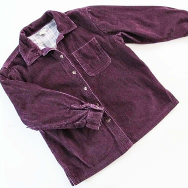 90s 2000s LL Bean Corduroy Shirt Jacket P S - Eggplant Purple Plaid Flannel Lined Chunky Wide Wale Cord Button Up 