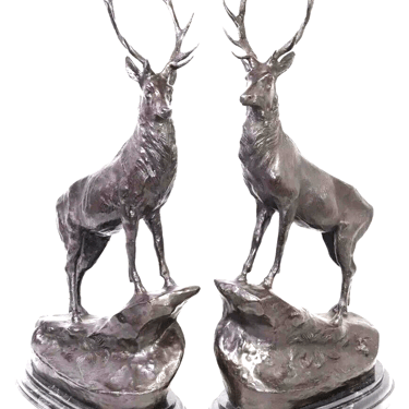 Sculptures, Bronze Stags, Patinated, (2) After Jules Moigniez, Signed, Large 29