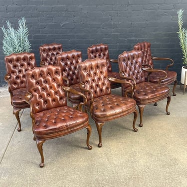 Set of 8 Mid-Century Modern Chesterfield Style Cognac Leather Arm Chairs, c.1960’s 