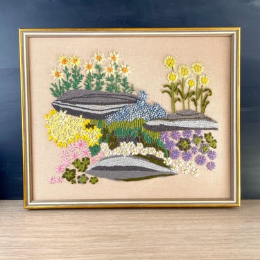 Floral crewel embroidery art - 1970s vintage - framed 