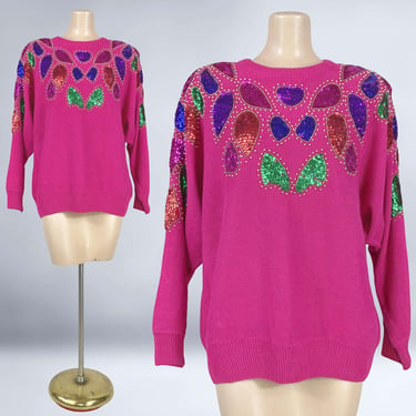 VINTAGE 80s Hot Pink Sequin Batwing Sweater by Diana Marco Size 40/20W | 1980s Embellished Sweater | Plus Size Volup | VFG 