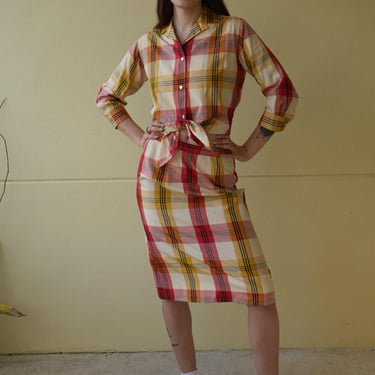 1950's Silk Suit / Bill Atkinson Golfing Suit / High Waisted Secretary Skirt with Blouse / Plaid Silk Sporting Set 