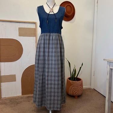 Woolrich Vintage 90s Cotton Denim & Plaid Sleeveless Wrap Tie Cottage Dress - L 