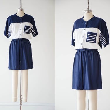 blue cotton romper | 80s 90s vintage navy blue white sailor style comfy short sleeve cotton jumpsuit 