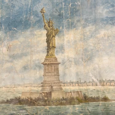 Early 1900s New York Mural Painting of Harbor with Statue of Liberty - 70” x 34” - Illustration Art - Rare Antique Landscape Paintings 