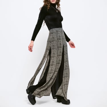 Medium 90s Cache Two Tone Illusion Pants | Vintage Black White Rayon High Waisted Flowy Polka Dot Trousers 