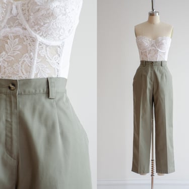 high waisted pants | 90s vintage L.L. Bean olive green cotton khaki dark academia pleated straight leg trousers 