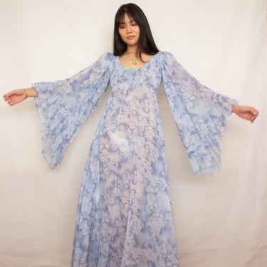 1970s Angel Sleeves Smocked Empire Bodice Gown 