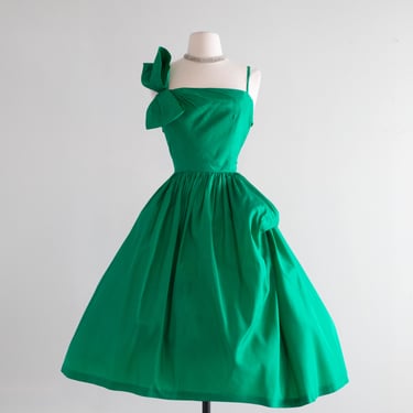 Stunning 1950's Emerald Green Taffeta Party Dress By Lorie Deb / XS