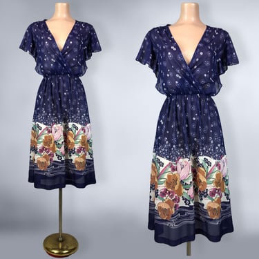 VINTAGE 70s Border Print Sheer Floral Dress with Flutter Sleeves | 1970s Navy Blue BOHO Disco Dress | VFG 