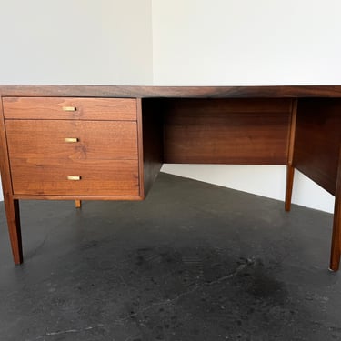 Walnut Asymmetric Desk with Brass Drawer Pulls 