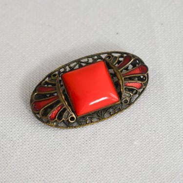 1930s Red Glass and Enamel Filigree Oval Brooch 