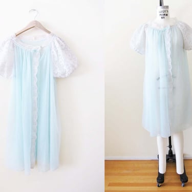 Vintage 60s Radcliffe Baby Blue Chiffon Lace Robe Small - 1960s Peignoir Puff Sleeve Pastel Semi Sheer Robe - Vintage Lingerie Boudoir 