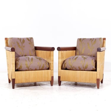 John Hutton for Donghia Merbau Collection Mid Century Mahogany and Rattan Club Chairs - Pair - mcm 