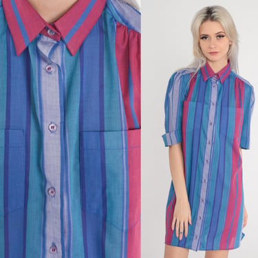 Striped Day Dress 80s Mini Shift Dress Button Up Puff Sleeve Collared Pockets Retro Simple Casual Magenta Blue Vintage 1980s Medium Large 