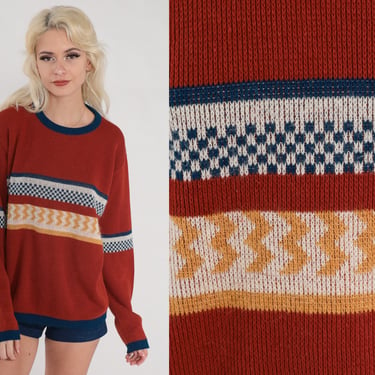 70s Sweater Rust Striped Pullover Knit Sweater Geometric Print Pullover Crewneck Ringer Retro Cozy Acrylic Knitwear 1970s Vintage Large L 