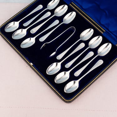 Antique Silverplate Teaspoons with Tongs - Boxed Set of 12