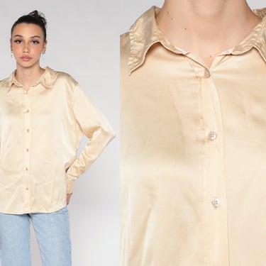 Champagne Silk Blouse Y2k Shiny Button Up Shirt Gap Retro Plain Simple Long Sleeve Collared Top Preppy Minimal Party Vintage 00s Large L 