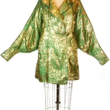 1920s Jacket ~ Gold Lamé and Green Balloon Sleeve High Collar French Paris Coat 