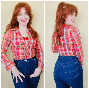 1970s Vintage Red Plaid Western Shirt / 70s Rainbow Plaid Poly Cotton Button Up Blouse / Small 