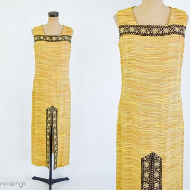 1970s Gold Yellow Sleeveless Maxi Dress | 70s Golden Woven Dress | Carona  Originals Hawaii | Medium 