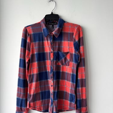 Y2K Vintage Derek Heart Button Up Shirt Blue Orange Plaid Womens Medium Academia 