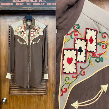Vintage 1950’s “H Bar C” Playing Cards Western Cowboy Rayon Gabardine Rockabilly Shirt, 50’s Ranchwear, Vintage Clothing 