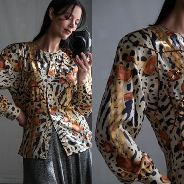 Vintage 80s Escada Silk Leopard & Jeweled Chain Print Blouse w/ Copper Sequined Design | Made in W. Germany | 100% Silk | 1980s Designer Top 
