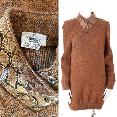 80s VALENTINO brown python trim sweater dress M, 1980s vintage designer sweater, brown mohair tunic sweater 