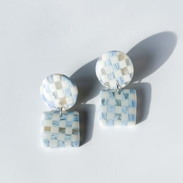 Blue and White Polymer Clay Earrings, Checkerboard Resin Earrings, Hypoallergenic Post, Dainty Statement Earrings | BLAIRE in icy blue check 