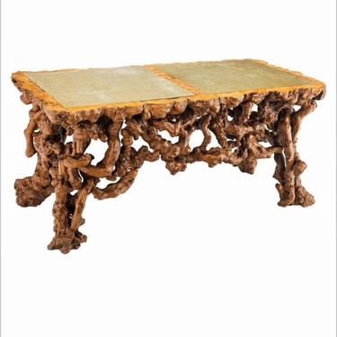 Antique Qing Dynasty Chinese Burl Root Wood Coffee Table with Songhua Stone Panels, 18th/19th Century, 