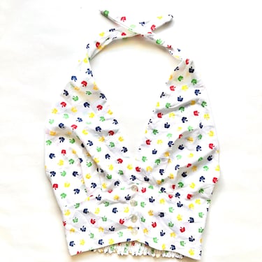 Vintage 70s Halter Top White 1970s Rainbow Floral Cropped Shirt 