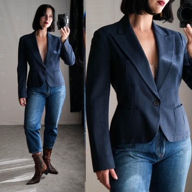 Vintage Ralph Lauren Blue Label Navy Linen & Silk Cropped Blazer Unworn w/ Tags | Made in Japan | Linen/Silk | Y2K RRL Designer Jacket 