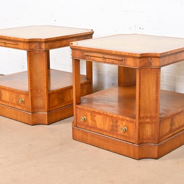 Baker Furniture Regency Flame Mahogany Leather Top Nightstands or End Tables, Pair