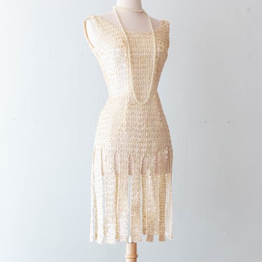 FAB 1960's Aurora Ivory Sequin "Flapper" Party Dress / Petite Small