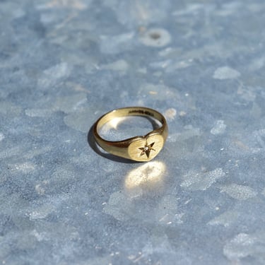 Vintage 10K Gold Plumb Diamond Starburst Heart Signet Ring, .005 CT Diamond Accent, Victorian Mourning Style, Size 5 1/4 US 
